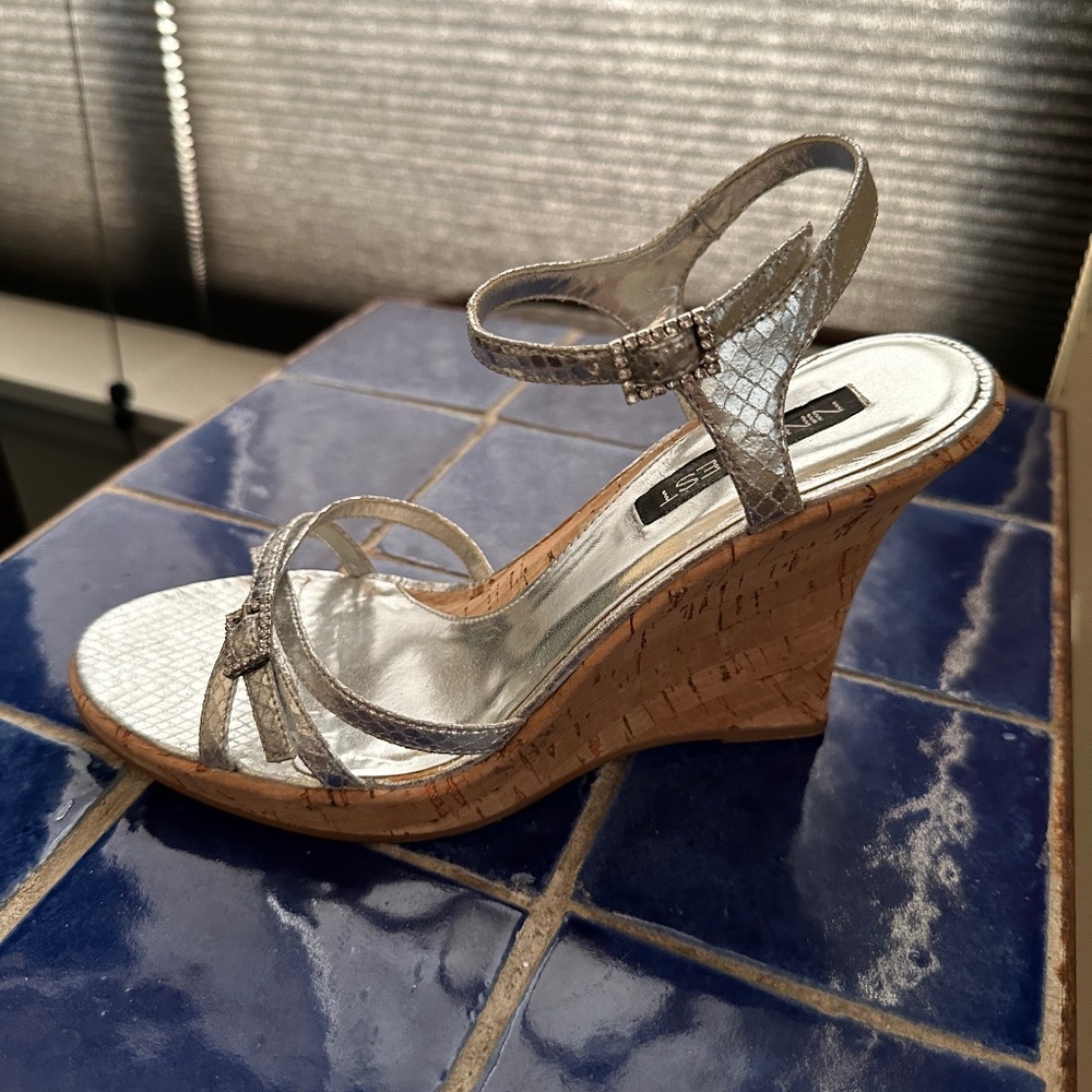 Silver Snakeskin & Cork Wedge Platform Sole Sandals by Nine West - sz 8 Med